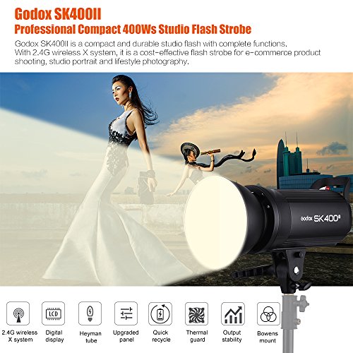 Godox SK400II Professional Compact 400Ws Studio Flash Strobe Light Built-in Godox 2.4G Wireless X System GN65 5600K with 150W Modeling Lamp for E-Commerce Product Portrait Lifestyle Photography