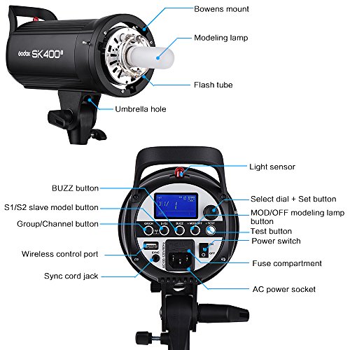 Godox SK400II Professional Compact 400Ws Studio Flash Strobe Light Built-in Godox 2.4G Wireless X System GN65 5600K with 150W Modeling Lamp for E-Commerce Product Portrait Lifestyle Photography