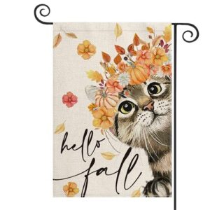 avoin colorlife hello fall cat garden flag double sided, autumn seasonal pumpkin leaves flower floral yard ourdoor decoration 12×18 inch