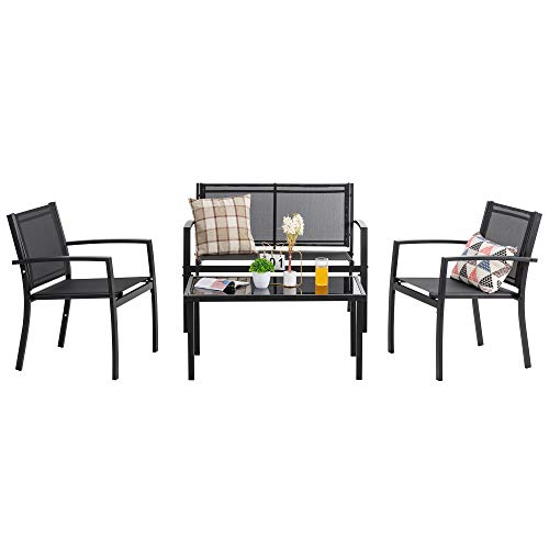 Shintenchi 4 Pieces Patio Furniture Set All Weather Textile Fabric Outdoor Conversation Set, with Glass Coffee Table, Loveseat, 2 Single Chairs for Home, Garden, Lawn, Porch（Black）