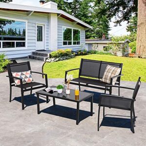 shintenchi 4 pieces patio furniture set all weather textile fabric outdoor conversation set, with glass coffee table, loveseat, 2 single chairs for home, garden, lawn, porch（black）