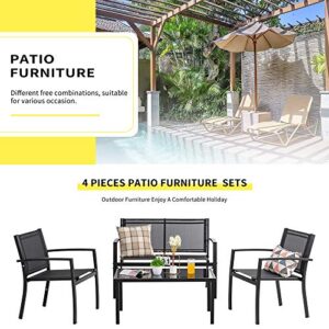 Shintenchi 4 Pieces Patio Furniture Set All Weather Textile Fabric Outdoor Conversation Set, with Glass Coffee Table, Loveseat, 2 Single Chairs for Home, Garden, Lawn, Porch（Black）