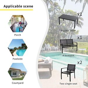 Shintenchi 4 Pieces Patio Furniture Set All Weather Textile Fabric Outdoor Conversation Set, with Glass Coffee Table, Loveseat, 2 Single Chairs for Home, Garden, Lawn, Porch（Black）