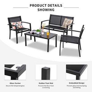 Shintenchi 4 Pieces Patio Furniture Set All Weather Textile Fabric Outdoor Conversation Set, with Glass Coffee Table, Loveseat, 2 Single Chairs for Home, Garden, Lawn, Porch（Black）