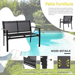 Shintenchi 4 Pieces Patio Furniture Set All Weather Textile Fabric Outdoor Conversation Set, with Glass Coffee Table, Loveseat, 2 Single Chairs for Home, Garden, Lawn, Porch（Black）