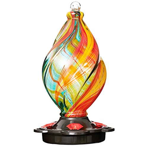 LUJII Ice Cream Shaped Spiral Hummingbird Feeder for Outdoors Hanging, Hand Blown Glass, 28 fl.oz, Leak Proof & Rustproof, Includes an Ant Moat, Unique Garden, Outside & Backyard Decor (Ribbon)