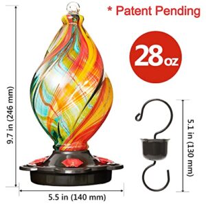 LUJII Ice Cream Shaped Spiral Hummingbird Feeder for Outdoors Hanging, Hand Blown Glass, 28 fl.oz, Leak Proof & Rustproof, Includes an Ant Moat, Unique Garden, Outside & Backyard Decor (Ribbon)