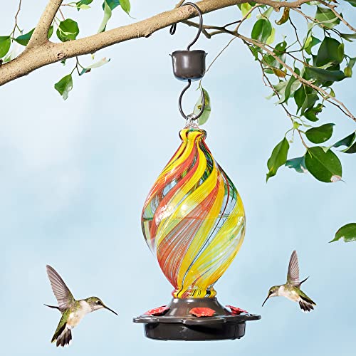 LUJII Ice Cream Shaped Spiral Hummingbird Feeder for Outdoors Hanging, Hand Blown Glass, 28 fl.oz, Leak Proof & Rustproof, Includes an Ant Moat, Unique Garden, Outside & Backyard Decor (Ribbon)