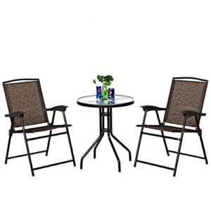 goplus patio bistro set, 3-piece patio dining furniture set with round tempered glass table, 2 foldable chairs, small outdoor folding chairs & table set for porch garden pool yard