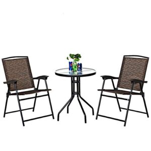 Goplus Patio Bistro Set, 3-Piece Patio Dining Furniture Set with Round Tempered Glass Table, 2 Foldable Chairs, Small Outdoor Folding Chairs & Table Set for Porch Garden Pool Yard