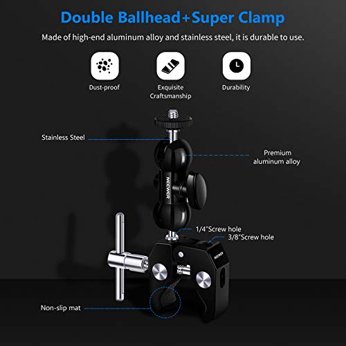 NEEWER Camera Mount Clamp with Dual Ball Head Adapter, Compatible with Insta360 GoPro Mount SmallRig Camera Cage, Webcam Monitor Mount, Super Clamp for Flash Mic LED Video Light Panel, ST10