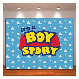 xll 8x6ft cartoon boy it’s a story photography backdrop birthday party photo background blue sky white clouds backdrops baby shower kids hero booth studio props, 8x6ft(240x180cm)
