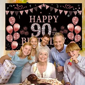 Trgowaul 90th Birthday Decorations Rose Gold 90 Year Old Birthday Backdrop Banner for Women Happy 90th Birthday Party Suppiles Photography Supplies Background Happy 90th Birthday Decoration