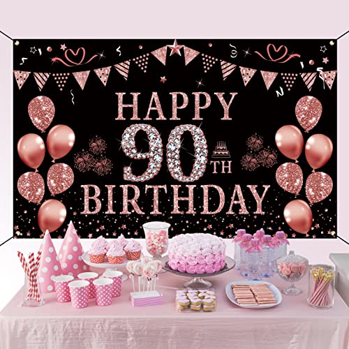 Trgowaul 90th Birthday Decorations Rose Gold 90 Year Old Birthday Backdrop Banner for Women Happy 90th Birthday Party Suppiles Photography Supplies Background Happy 90th Birthday Decoration
