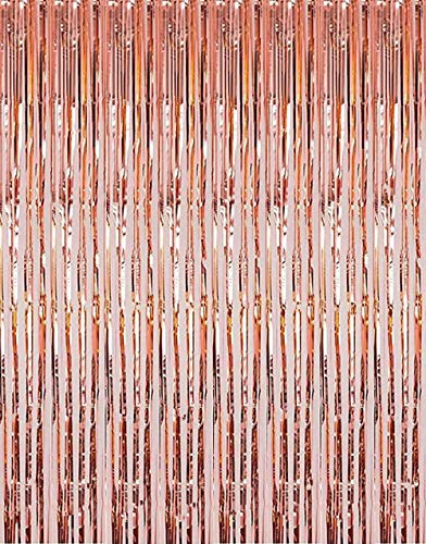 2 Pcs 3.2ft x 8.2ft Shiny Rose Gold Metallic Tinsel Foil Fringe Curtains Photo Booth Backdrop for Birthday Wedding Holiday Celebration Bachelorette Party Decorations (Rose Gold)