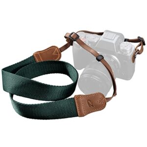 dark green camera strap,double layer top-grain cowhide ends,1.5″wide pure cotton woven camera strap,adjustable universal neck & shoulder strap for all dslr cameras,great gift for photographers
