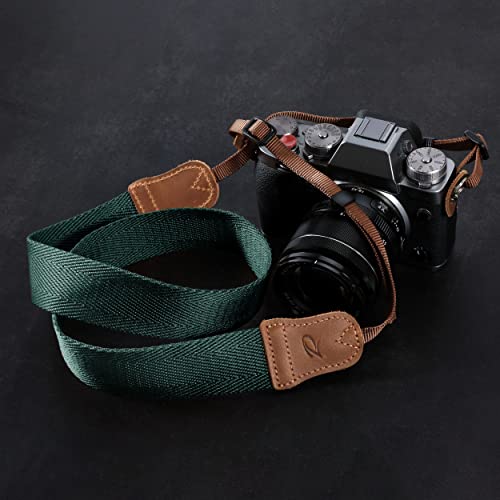 Dark Green Camera Strap,Double Layer top-grain Cowhide Ends,1.5"Wide Pure Cotton Woven Camera Strap,Adjustable Universal Neck & Shoulder Strap for All DSLR Cameras,Great Gift for Photographers