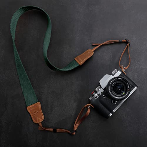 Dark Green Camera Strap,Double Layer top-grain Cowhide Ends,1.5"Wide Pure Cotton Woven Camera Strap,Adjustable Universal Neck & Shoulder Strap for All DSLR Cameras,Great Gift for Photographers