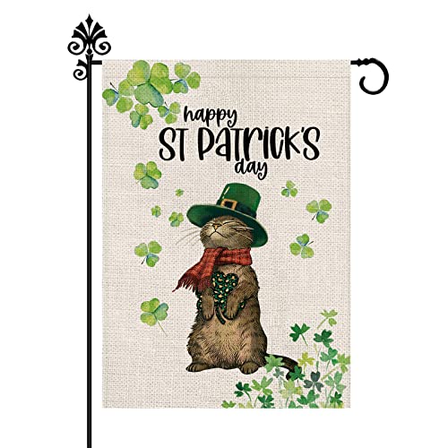 St Patricks Day Garden Flag Shamrocks Cat Vertical Double Sided Burlap Flag Happy St. Patrick's Day Holiday Farmhouse Yard Outdoor Decor 12.5 x 18 Inch