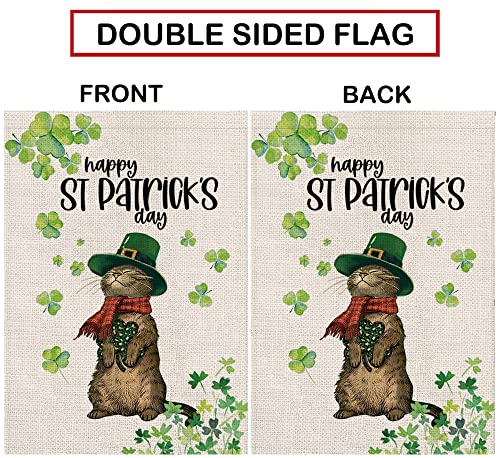 St Patricks Day Garden Flag Shamrocks Cat Vertical Double Sided Burlap Flag Happy St. Patrick's Day Holiday Farmhouse Yard Outdoor Decor 12.5 x 18 Inch