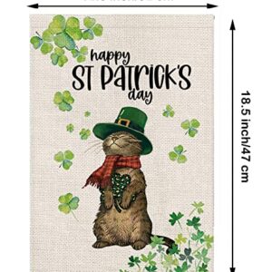 St Patricks Day Garden Flag Shamrocks Cat Vertical Double Sided Burlap Flag Happy St. Patrick's Day Holiday Farmhouse Yard Outdoor Decor 12.5 x 18 Inch