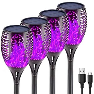 arzerlize christmas solar flame torch lights outdoor 99 leds, 43″ larger solar lights usb & solar flame torches lamp waterproof flaming garden decorations outdoor yard landscape auto on/off purple 4p
