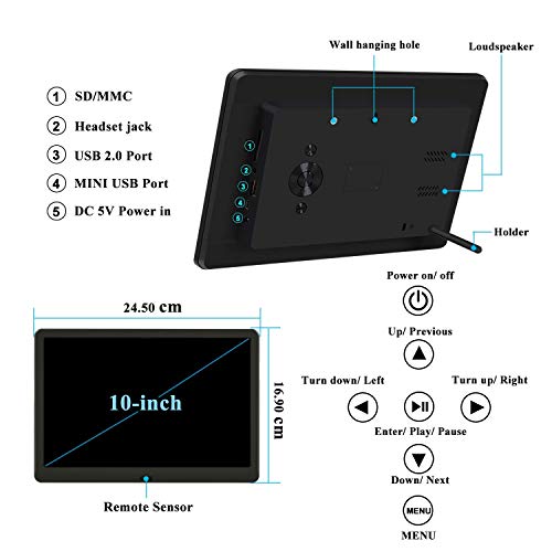 Atatat 10 Inch Digital Photo Frame with 1920x1080 IPS Screen, Digital Picture Frame with 1080P Video, Music, Slideshow, Adjustable Brightness, Auto Rotate, Photo Deletion, Remote