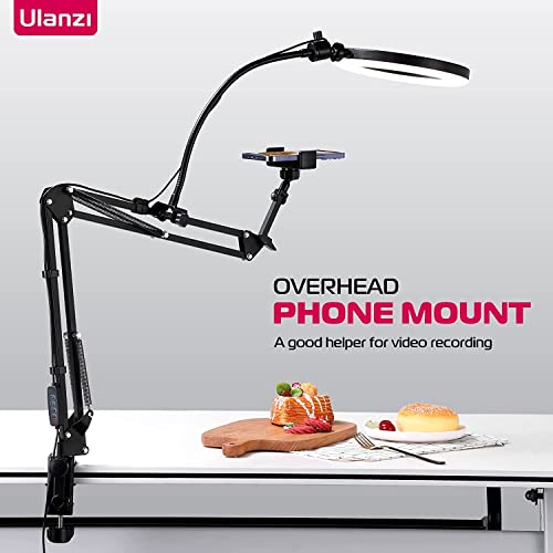 ULANZI T3 Phone Stand for Recording, Overhead Phone Mount with Ring Light, Adjustable Desk Arm Stand for iPhone, Desktop Stand for YouTube Starter Live Stream Cooking Painting Nail Video Recording
