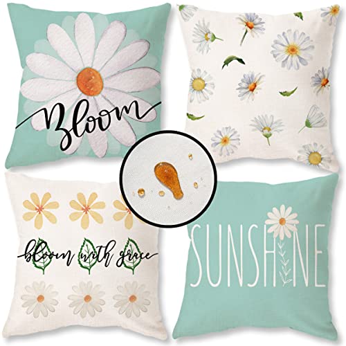 ONWAY Spring Pillow Covers 18x18 Set of 4 Daisy Bloom Waterproof Throw Pillow Covers Floral Summer Outdoor Decor Sunshine Farmhouse Flower Garden Decorations for Patio Porch Couch Sofa