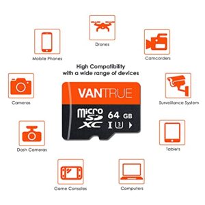 Vantrue 64GB microSD Card with Adapter, U3 UHS-I High Speed SD Card for Dash Cams & Home Security System Video Cameras