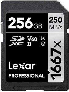 lexar professional 1667x 256gb sdxc uhs-ii memory card, c10, u3, v60, full-hd & 4k video, up to 250mb/s read, for professional photographer, videographer, enthusiast (lsd256cbna1667)