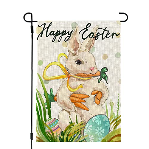 CROWNED BEAUTY Happy Easter Bunny Garden Flag Carrots 12x18 Inch Double Sided for Outside Burlap Small Yard Holiday Decoration CF713-12