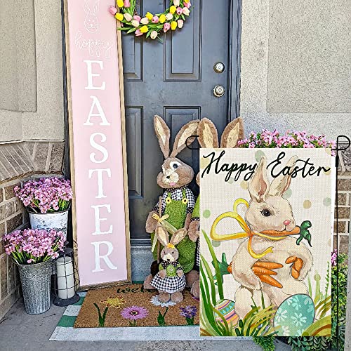 CROWNED BEAUTY Happy Easter Bunny Garden Flag Carrots 12x18 Inch Double Sided for Outside Burlap Small Yard Holiday Decoration CF713-12