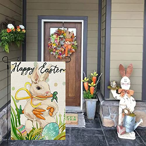 CROWNED BEAUTY Happy Easter Bunny Garden Flag Carrots 12x18 Inch Double Sided for Outside Burlap Small Yard Holiday Decoration CF713-12