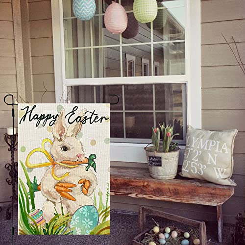 CROWNED BEAUTY Happy Easter Bunny Garden Flag Carrots 12x18 Inch Double Sided for Outside Burlap Small Yard Holiday Decoration CF713-12