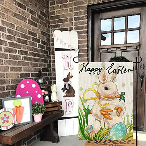 CROWNED BEAUTY Happy Easter Bunny Garden Flag Carrots 12x18 Inch Double Sided for Outside Burlap Small Yard Holiday Decoration CF713-12