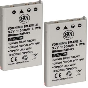 bm premium 2-pack of en-el5 batteries for nikon coolpix p80, p90, p100, p500, p510, p520, p530 digital camera