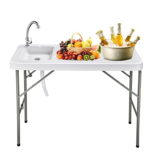 Fish Cleaning Table with Sink and Sprayer, Portable Folding Table, Standard Garden Connection, Stainless Steel Faucet, Camping Table with Sink, Suitable for Camping Picnic Kitchen Garden