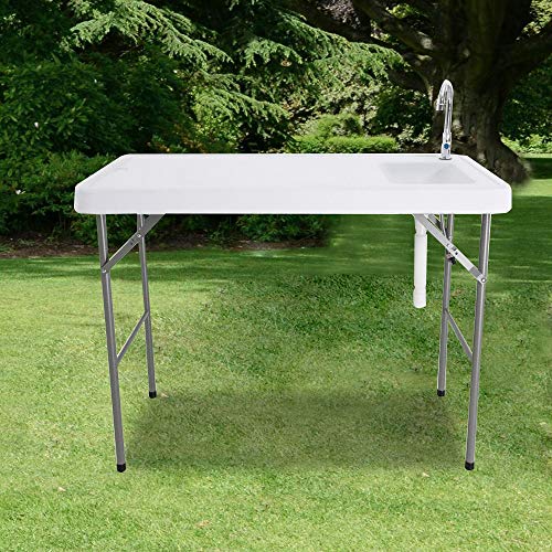 Fish Cleaning Table with Sink and Sprayer, Portable Folding Table, Standard Garden Connection, Stainless Steel Faucet, Camping Table with Sink, Suitable for Camping Picnic Kitchen Garden