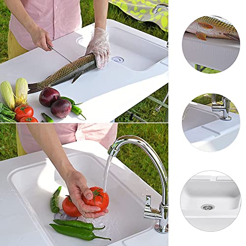 Fish Cleaning Table with Sink and Sprayer, Portable Folding Table, Standard Garden Connection, Stainless Steel Faucet, Camping Table with Sink, Suitable for Camping Picnic Kitchen Garden