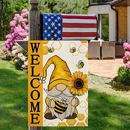 CMEGKE Gnome Welcome Garden Flag, Sunflower Garden Flag, Gnome with Sunflowers Bee Yard Flag Spring Summer Vertical Double Sided Burlap Party Holiday Yard Home Farmhouse Outside Decor 12.5 x 18 In