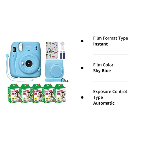 Fujifilm Instax Mini 11 Instant Camera Sky Blue + Custom Case + Fuji Instax Film Value Pack (50 Sheets) Flamingo Designer Photo Album for Fuji instax Mini 11 Photos