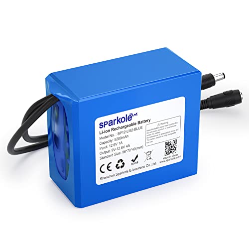 SPARKOLE 12V Battery Pack Rechargeable 5200mAh Lithium Ion Battery for LED Strip/CCTV Camera/Electronic Organ/Optical Network Unit/Router,Portable 12 Volt Battery DC5521 Interface (Blue)