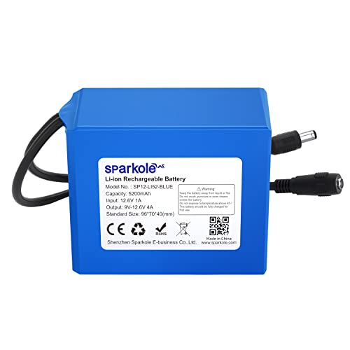 SPARKOLE 12V Battery Pack Rechargeable 5200mAh Lithium Ion Battery for LED Strip/CCTV Camera/Electronic Organ/Optical Network Unit/Router,Portable 12 Volt Battery DC5521 Interface (Blue)