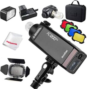 godox ad200pro ad200 pro with bd-07 barn door honeycomb grid 4 color filter kit, 200w 2.4g flash strobe, 1/8000 hss, 500 full power flashes, 0.01-2.1s recycling, 2900mah battery