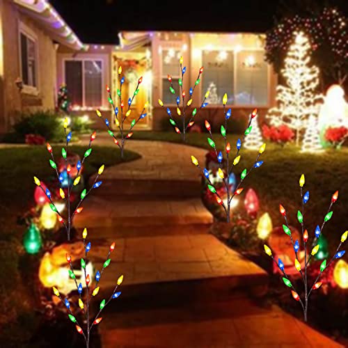 Windpnn 4-Pack C6 Solar Christmas Lights Outdoor Strawberry Stake Lights, Waterproof Outdoor Christmas Pathway Lights, Decorative Solar Christmas Yard Decorations Lights for Garden Yard Patio