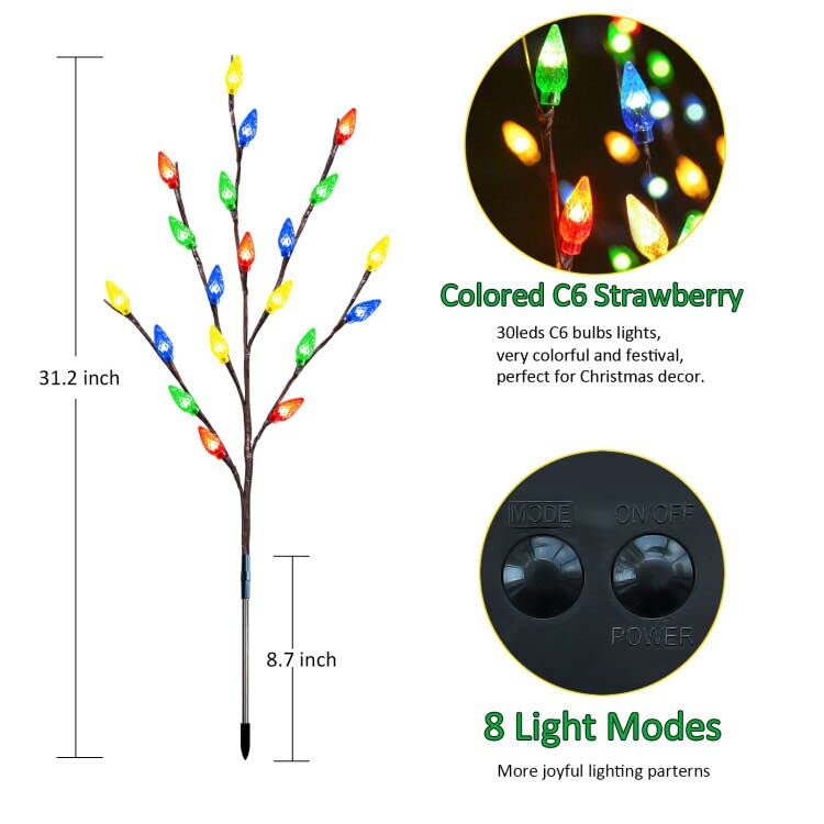 Windpnn 4-Pack C6 Solar Christmas Lights Outdoor Strawberry Stake Lights, Waterproof Outdoor Christmas Pathway Lights, Decorative Solar Christmas Yard Decorations Lights for Garden Yard Patio