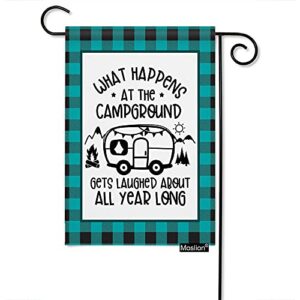 Moslion Camping Garden Flag 12.5x18 Inch Blue Black Plaid Bus Mountain What Happens at The Campground Get Laughed About All Year Yard Flag Burlap Banners Vertical Double Sided for Farm House Outside