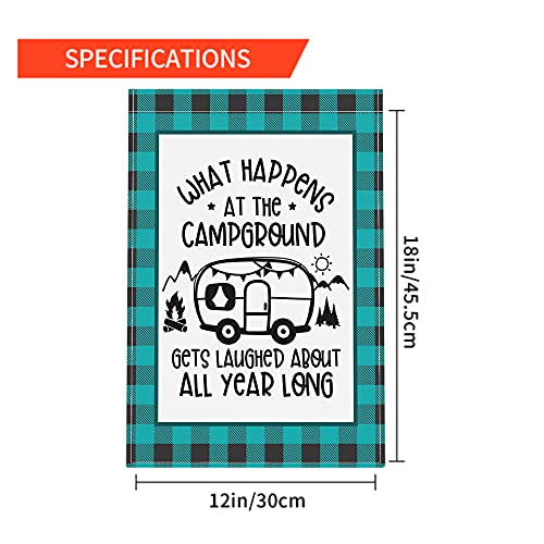 Moslion Camping Garden Flag 12.5x18 Inch Blue Black Plaid Bus Mountain What Happens at The Campground Get Laughed About All Year Yard Flag Burlap Banners Vertical Double Sided for Farm House Outside