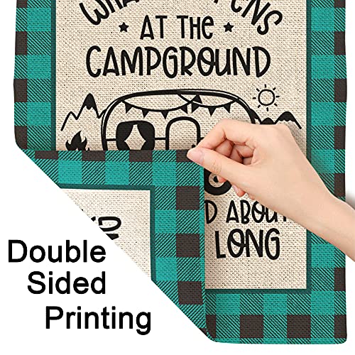 Moslion Camping Garden Flag 12.5x18 Inch Blue Black Plaid Bus Mountain What Happens at The Campground Get Laughed About All Year Yard Flag Burlap Banners Vertical Double Sided for Farm House Outside